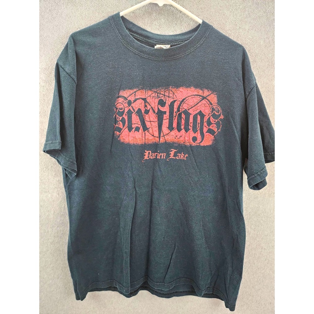 Y2K Six Flags Darien Lake Men's L Black Double-Sided Graphic Logo Cotton Tee